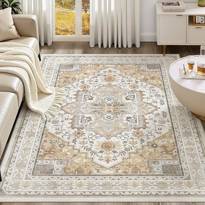 UERMEI 10x12 Area Rug for Living Room - Washable Vintage Carpet, Non-Slip Soft Large Indoor Floor Rugs for Bedroom Home Office & Under Dining Table Decor, Brown Beige