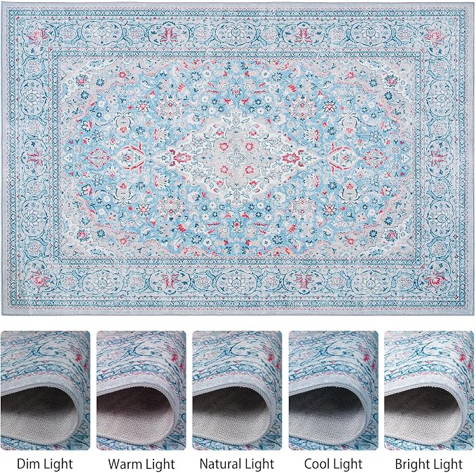 Goideal Washable Rug 6x9, Blue Area Rugs Non Slip, Indoor Low Pile Carpet with Rubber Backing for Living Room Kitchen Bathroom Entryway Office Bedroom