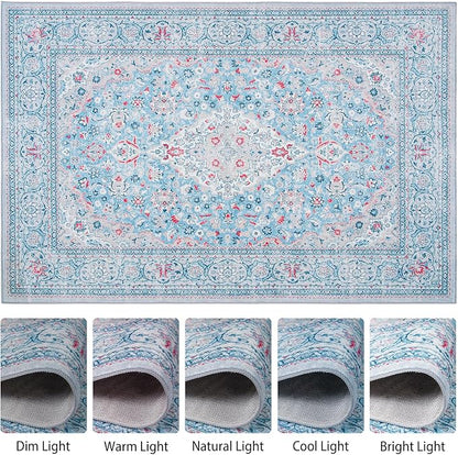 Goideal Washable Rug 6x9, Blue Area Rugs Non Slip, Indoor Low Pile Carpet with Rubber Backing for Living Room Kitchen Bathroom Entryway Office Bedroom