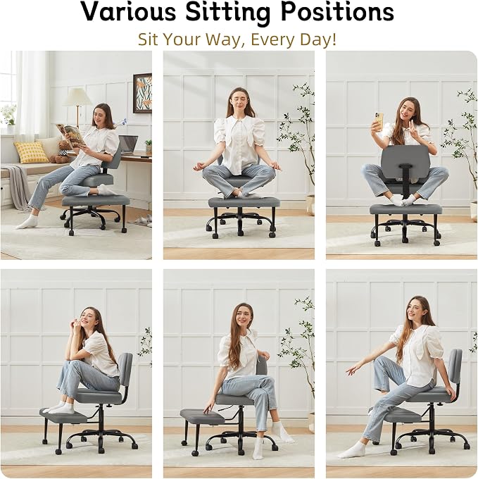 Criss Cross Legged Office Chair with Wheels,Swivel Meditation Chair for ADHD,Ergonomic Cross Legged Desk Chair with Thicken Adjustable Footstool,PU Sitting Fidgeting Kneeling Chair for Home Yoga Grey