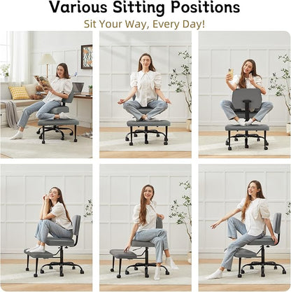 Criss Cross Legged Office Chair with Wheels,Swivel Meditation Chair for ADHD,Ergonomic Cross Legged Desk Chair with Thicken Adjustable Footstool,PU Sitting Fidgeting Kneeling Chair for Home Yoga Grey