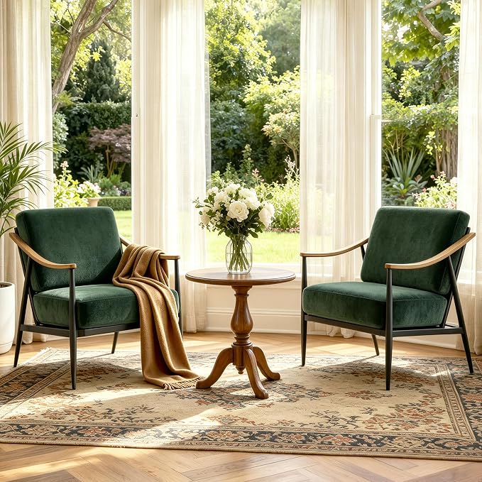 RNKSFX Modern Accent Chairs Set of 2 for Living Room Bedroom Mid Century Arm Chairs Upholstered Office Accent Chairs Comfy Waiting Room Chairs with Metal Frame, Green