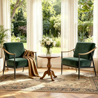 RNKSFX Modern Accent Chairs Set of 2 for Living Room Bedroom Mid Century Arm Chairs Upholstered Office Accent Chairs Comfy Waiting Room Chairs with Metal Frame, Green