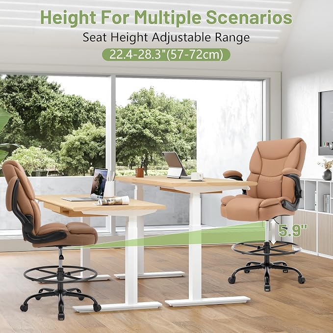 500LBS Drafting Chair, High Back Safer Standing Desk Chair, Executive Tall Office Chair with Flip-up Armrests, Upholstered PU Leather Task Chair, Ergonomic Seat with Adjustable Height&Foot Ring, Brown