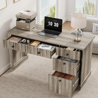 Garvee Fluted Home Office Desk Storage, 54" Modern Executive Desk with Charging Station, Wooden Computer Writing Desk with File Cabinet & Drawers for Study, Living Room, Bedroom