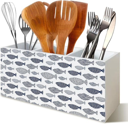 Fishing Decor, Coastal Beach Fish Pen Pencil Holder Organizer for Desk, Fishing Gifts, Blue Nautical Ocean Fishing Wooden Box Block Sign for Beach House Office Tabletop Decor