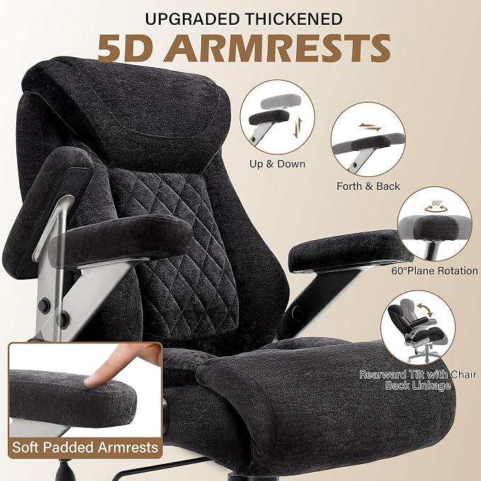 Fabric 700lbs Big and Tall Office Chair, Ergonomic Heavy Duty Executive Cloth Office Chair with 5D Flip Arms & Adjustable Lumbar Support & Dual Rubber Wheel, Large Thick Padded Extra Wide Seat, Black