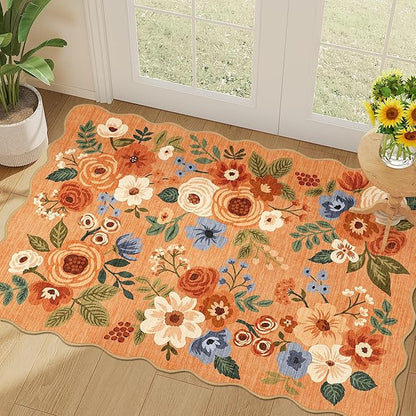 DUKINO 2x3 Entryway Rug, Floral Washable Indoor Door Mat with Non-Slip Backing, Soft Low Pile Small Front Door Throw Rugs for Entryway, Kitchen, Bedroom, Laundry, Bathroom, Orange