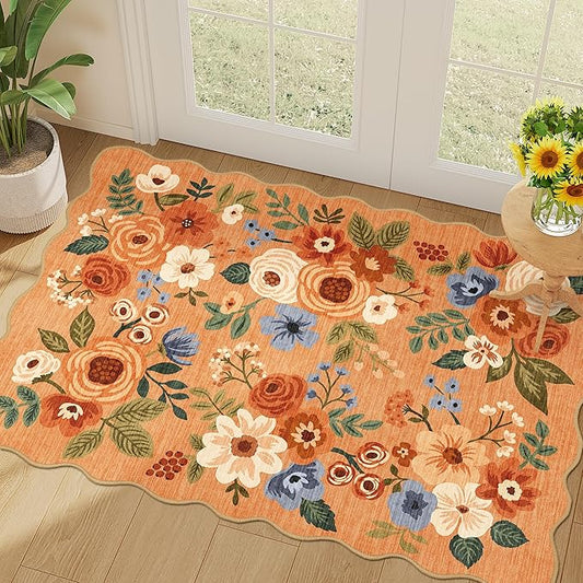 DUKINO 2x3 Entryway Rug, Floral Washable Indoor Door Mat with Non-Slip Backing, Soft Low Pile Small Front Door Throw Rugs for Entryway, Kitchen, Bedroom, Laundry, Bathroom, Orange