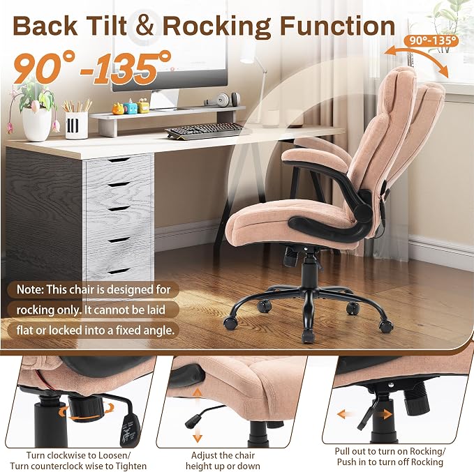 Massage Office Chair,500LBS Ergonomic Rocking Executive Desk Chairs with 4 Points Vibration&Heat,Padded Flipup Armrests for Big and Tall Office Chair,Swivel Computer Chair Fabric Pink