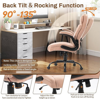 Massage Office Chair,500LBS Ergonomic Rocking Executive Desk Chairs with 4 Points Vibration&Heat,Padded Flipup Armrests for Big and Tall Office Chair,Swivel Computer Chair Fabric Pink