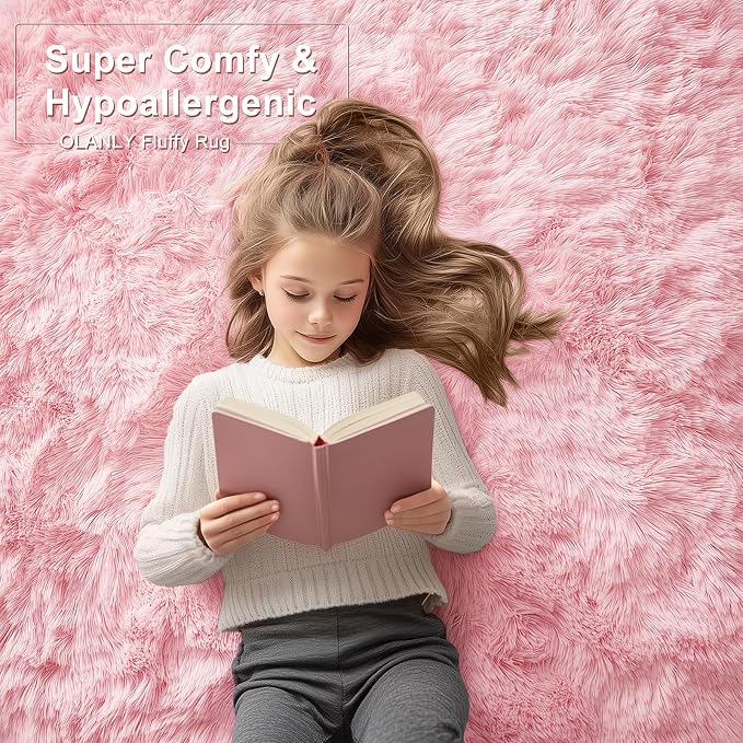 OLANLY 3x5 Machine Washable Small Bedside Rug, Soft Fluffy Shaggy Rugs for Living Room, Bedroom, Indoor Floor Carpet for Kids Girls and Boys, Preppy Dorms, Nursery, Home Decor Aesthetic, Pink