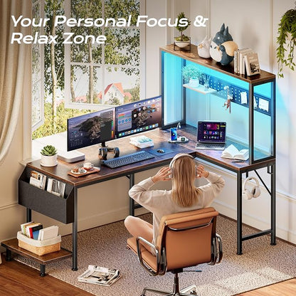 PRAISUN L Shaped Gaming Desk with LED Lights & Power Outlets, Reversible Computer Desk with Storage Shelves & Bag, Large Corner Home Office Desk with Pegboard for Work from Home, Rustic Brown