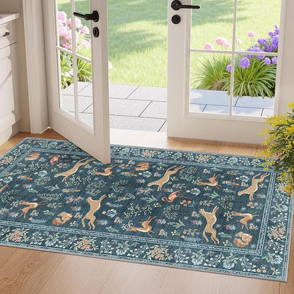 DUKINO 2x4 Rug for Hallway, Washable Kitchen Runner Rug with Non Slip Backing, Soft Low Pile Vintage Animal Runner for Bedroom, Kitchen, Hallway, Entryway, Laundry, Blue