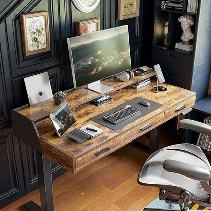 CubiCubi Standing Desk 55x26 Inches with 3 Wood Drawers and Monitor Shelf, Ergonomic Rising Home Office Desks, Height Adjustable Computer Desk, Sit Stand Up Electric Workstation Table, Antique Brown
