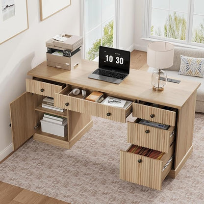 Garvee 60" Office Desk with Storage & Drawers, Fluted Wood Executive Desk with File Drawer & Charging Station, Modern Computer Desk with Adjustable Shelves for Home Office, Oak