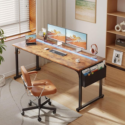 DurayLoly 55" Office Desks with LED Lights,Gaming Writing Work from Home Study Desk with Storage Bag,Home Office Desk with Headphone Hook Sturdy Metal Frame, Rustic Brown