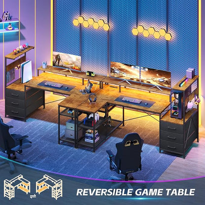 YOMILUVE L Shaped Gaming Desk with Drawers & Storage Shelves, Corner Gaming Desk with Power Outlets & LED Light, Reversible Computer Desk with Monitor Stand & Hooks, Rustic Brown