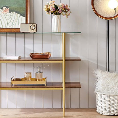 LumFurn Glass Console Table for Living Room, Foyer & Entrance, H41 x W14 x H31inch, 3-Tier Mid-Century Modern Sofa Table with Clear Glass Top, Walnut Finish Wood Shelf and Gold Finish Frame