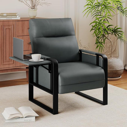 Upholstered Living Room Chair Armchair Set of 2, Mid Century Faux Leather Metal Accent Chair, Reception Couch Slipper Club Lounge Chair Guest Comfy Single Sofa with Sidetable-Dark Grey