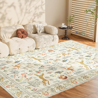 DUKINO 6x9 Rug, Washable Animal Living Room Rug with Non Slip Vintage Design, Soft Low Pile Large Carpet for Bedroom, Nursery, Dining Room, Farmhouse, Playroom, White
