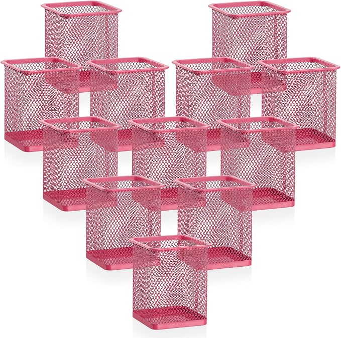 Segarty Pen Cup, 12 Pack Square Dark Pink Pen Holder for Desk, Multifuntional Mesh Pencil Cups Holder for Marker, Office Supplies, School Students, Home, Desktop Accessories Storage Organizer