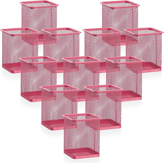 Segarty Pen Cup, 12 Pack Square Dark Pink Pen Holder for Desk, Multifuntional Mesh Pencil Cups Holder for Marker, Office Supplies, School Students, Home, Desktop Accessories Storage Organizer