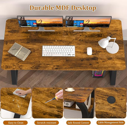 55 inch Computer Desk with Storage Shelf, K-Shaped Office Desk with Sturdy Metal Frame, Writing Gaming Work Desk with Waterproof Surface for Home Office & Bedroom, Rustic Brown