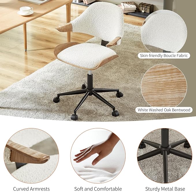 Art Leon Swivel Desk Chairs, Set of 2, Mid Century Modern Office Chairs with Wheels, Boucle Fabric Upholstered Armchairs, Adjustable Height Task Chairs with Metal Base, Washed Oak Bentwood, White