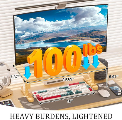 Bamboo Monitor Stand Riser for Desk, Height Adjustable Computer Riser & Laptop Stand, Ergonomic Desktop Organizer Shelf W/ Underneath Storage, Sturdy 100 lbs Capacity for Printer/TV/Home Office