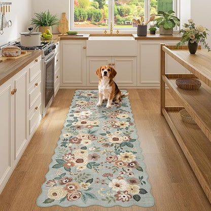 DUKINO 2x6 Runner Rug for Hallway, Washable Kitchen Rug with Non Slip Backing & Non-Shediing, Soft Low Pile Floral Design Runner for Bedroom, Kithchen, Living Room, Laundry, Bathroom, Sage Green