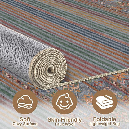 Nakagishi 6X9 Area Rugs Living Room: Washable Large Vintage Rug Neutral Non-Slip Soft Stain Resistant Indoor Carpet for Bedroom Nursery Dining Room Office Playroom - Multi Color