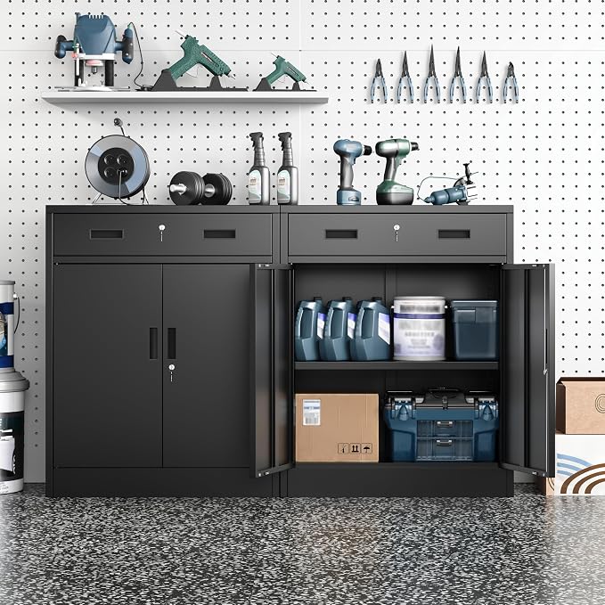 Metal Storage Cabinet 36" H, Locking Storage Cabinet with 1 Drawer and Adjustable Shelf, Garage Storage Cabinet for Home Office, Garage, School, Apartment, Warehouse