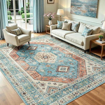 Lofus Vintage Living Room Rugs 5x7, Soft Machine Washable Area Rug for Bedroom Indoor Floor Home Office House Decor, Oriental Traditional Distressed Farmhouse Carpet, Boho Terracotta and Blue