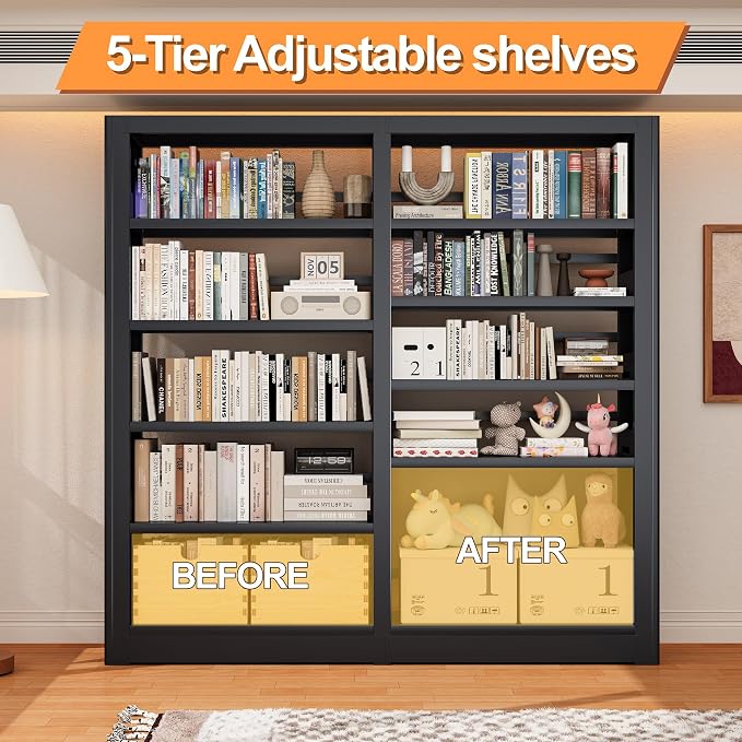 5-Tier Industrial Black Metal Bookshelf - Freestanding Tall Storage Organizer for Living Room & Home Office