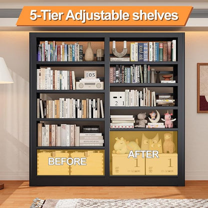5-Tier Industrial Black Metal Bookshelf - Freestanding Tall Storage Organizer for Living Room & Home Office