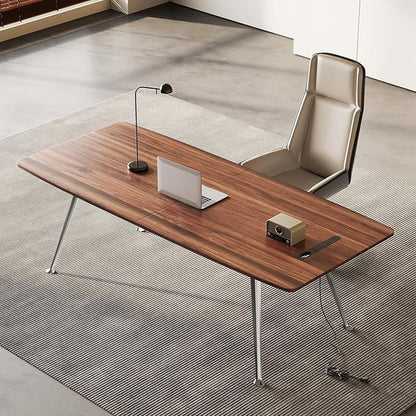 60-Inch Executive Desk, Modern Desk for Home Office, Wooden Study Writing Work Table with Power Outlets and USB-C Port, Large Legroom, Sturdy Metal Frame, Mid-Century Modern Simple, Walnut Brown