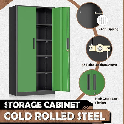 INTERGREAT Metal Lockable Storage Cabinet, 72” Storage Cabinet with 2 Doors and 4 Adjustable Shelves for Office, Home, Garage, Pantry (Black Green)