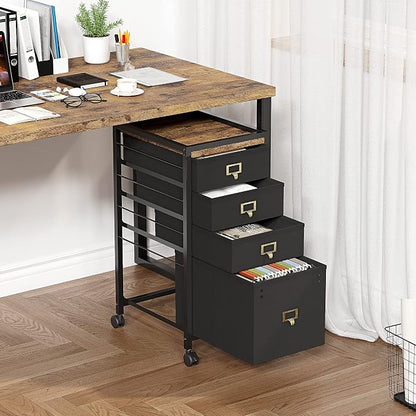 IDEALHOUSE 4 Drawer File Cabinet, Mobile Filing Cabinet Rolling Printer Stand Fits A4 or Letter Size, Fabric Vertical File Cabinet with Wheels, Under Desk Storage Cabinet for Home Office, Black