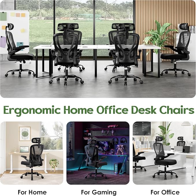 Office Chair Ergonomic Desk Chair - Mesh High Back Office Chair with Headrests Wheels Lumbar Support Home Desk Office Chairs Flip up Armrest Executive Rolling Computer Chair Black 10 Pack