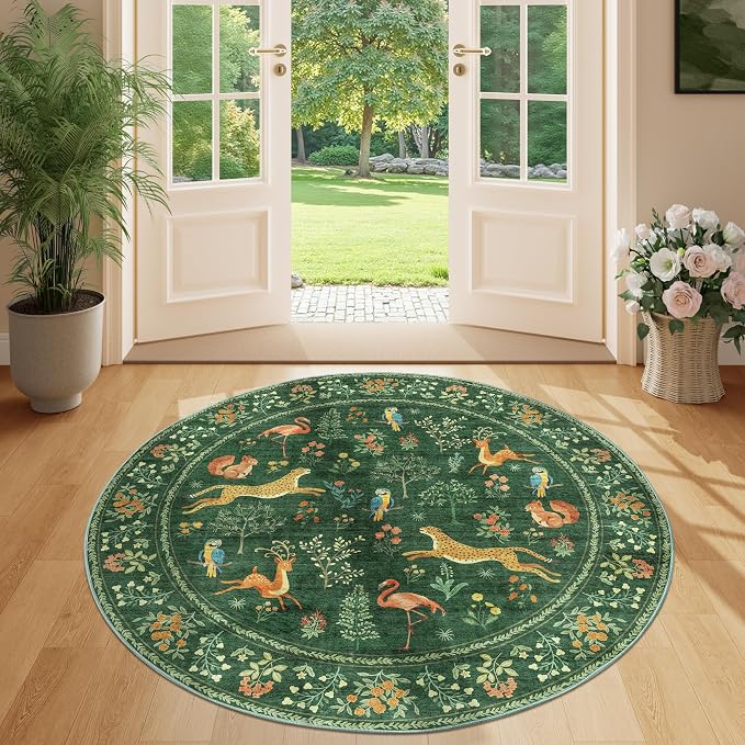 DUKINO 4ft Round Rug, Washable Round Area Rug, Non Slip Indoor Low Pile Animal Design, Soft Small Vintage Circle Carpet for Bedroom, Entryway, Living Room, Dining Room, Green