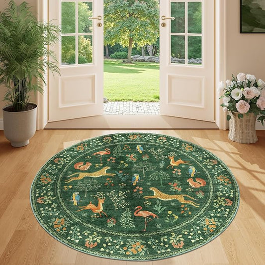 DUKINO 4ft Round Rug, Washable Round Area Rug, Non Slip Indoor Low Pile Animal Design, Soft Small Vintage Circle Carpet for Bedroom, Entryway, Living Room, Dining Room, Green