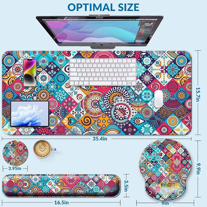 Desk Pad Keyboard Wrist Rest and Mouse Pad Coaster Set,Large XXL Desk Mat Matt Cover Ergonomic Mousepad with Memory Foam for Women Desktop Computer & Office -Mexican Style