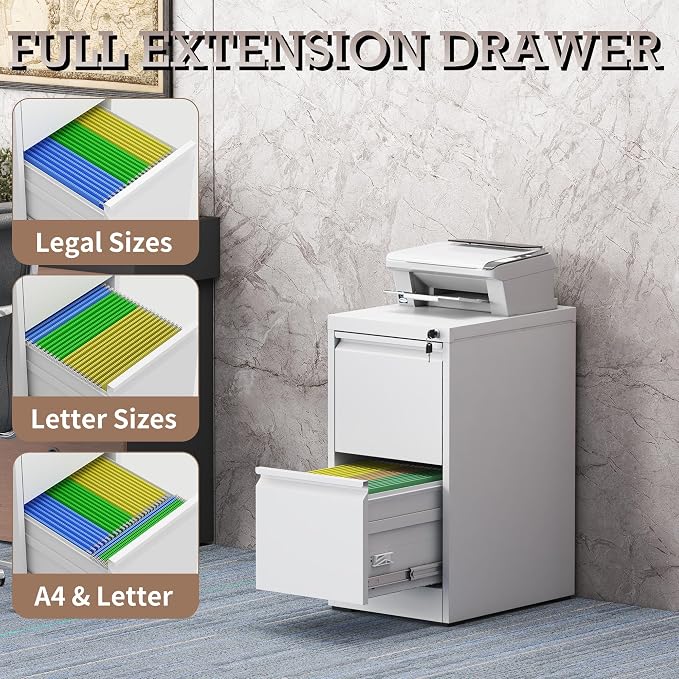 File Cabinet, 2 Drawer File Cabinet with Lock, Steel Vertical Filing Cabinets for Home Office, Heavy Duty File Storage Cabinet for Legal/Letter/A4 Documents, Easy to Assemble, White