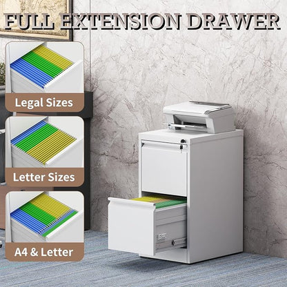 File Cabinet, 2 Drawer File Cabinet with Lock, Steel Vertical Filing Cabinets for Home Office, Heavy Duty File Storage Cabinet for Legal/Letter/A4 Documents, Easy to Assemble, White