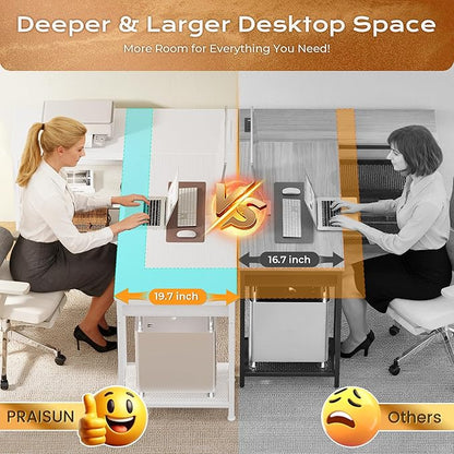 PRAISUN 63 Inch L Shaped Office Desk with Power Outlets and Type-C Port, Large Computer Gaming Desk with 3 Fabric Drawers, Mesh Shelves, Corner Study Work Writing Desk, White