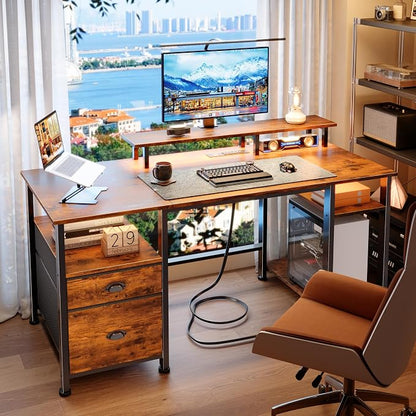 Furologee 51" Computer Desk with Power Outlet and LED Lights, Reversible Home Office Desk with File Cabinet & Monitor Stand, Large Gaming Table with Storage Shelves & Drawer, Rustic Brown
