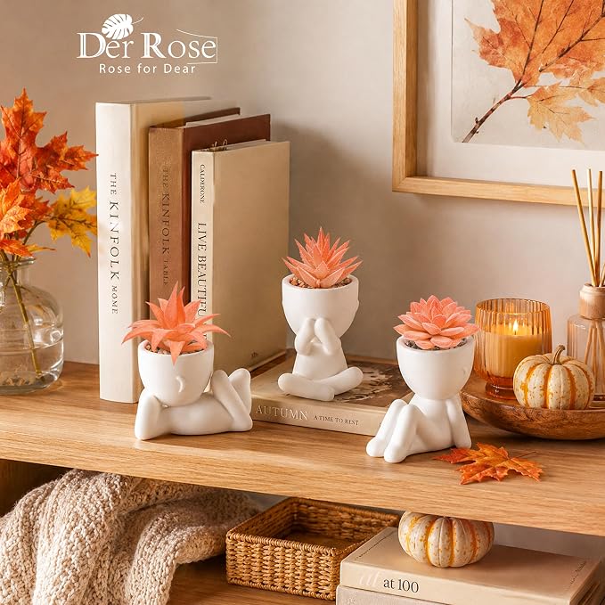 Der Rose Set of 3 Fall Artificial Succulent Plants, Small Fake Plants in Cute Pots, Autumn Room Decor for Bathroom, Bedroom, Office Desk, Shelf