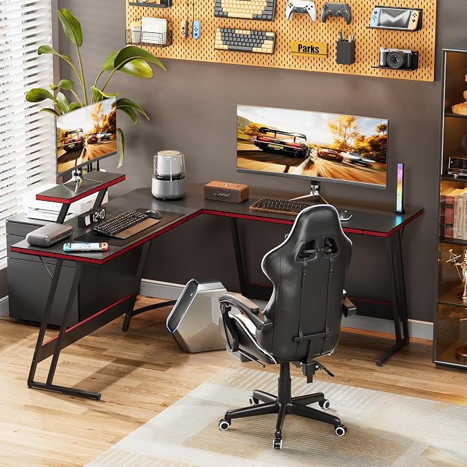 Homall L Shaped Gaming Desk Computer Corner Desk PC Gaming Desk Table with Large Monitor Riser Stand for Home Office Sturdy Writing Workstation (Black, 51 Inch)