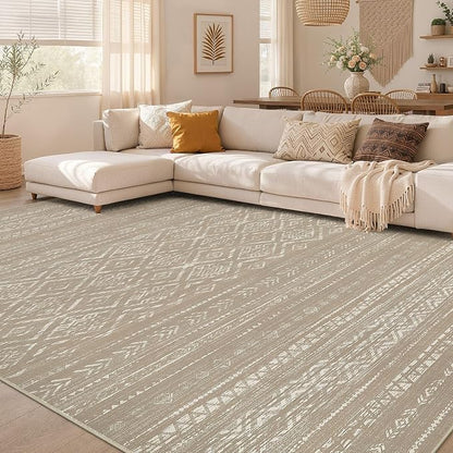 Nakagishi Area Rug Living Room Rugs: 8x10 Large Soft Machine Washable Boho Moroccan FarmNeutral Stain Resistant Indoor Floor Carpet for Bedroom Under Dining Table Home Office Decor-Dark Brown